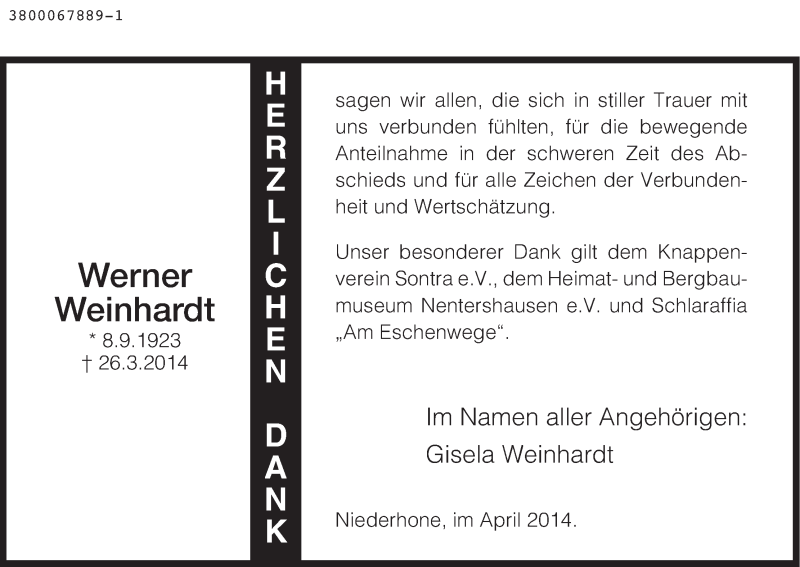  Traueranzeige für Werner Weinhardt vom 12.05.2014 aus Werra Rundschau